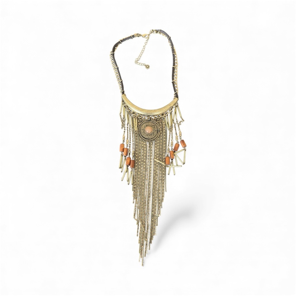 Free People Boho Statement Necklace – Antique Gold, Fringe & Bead Detail